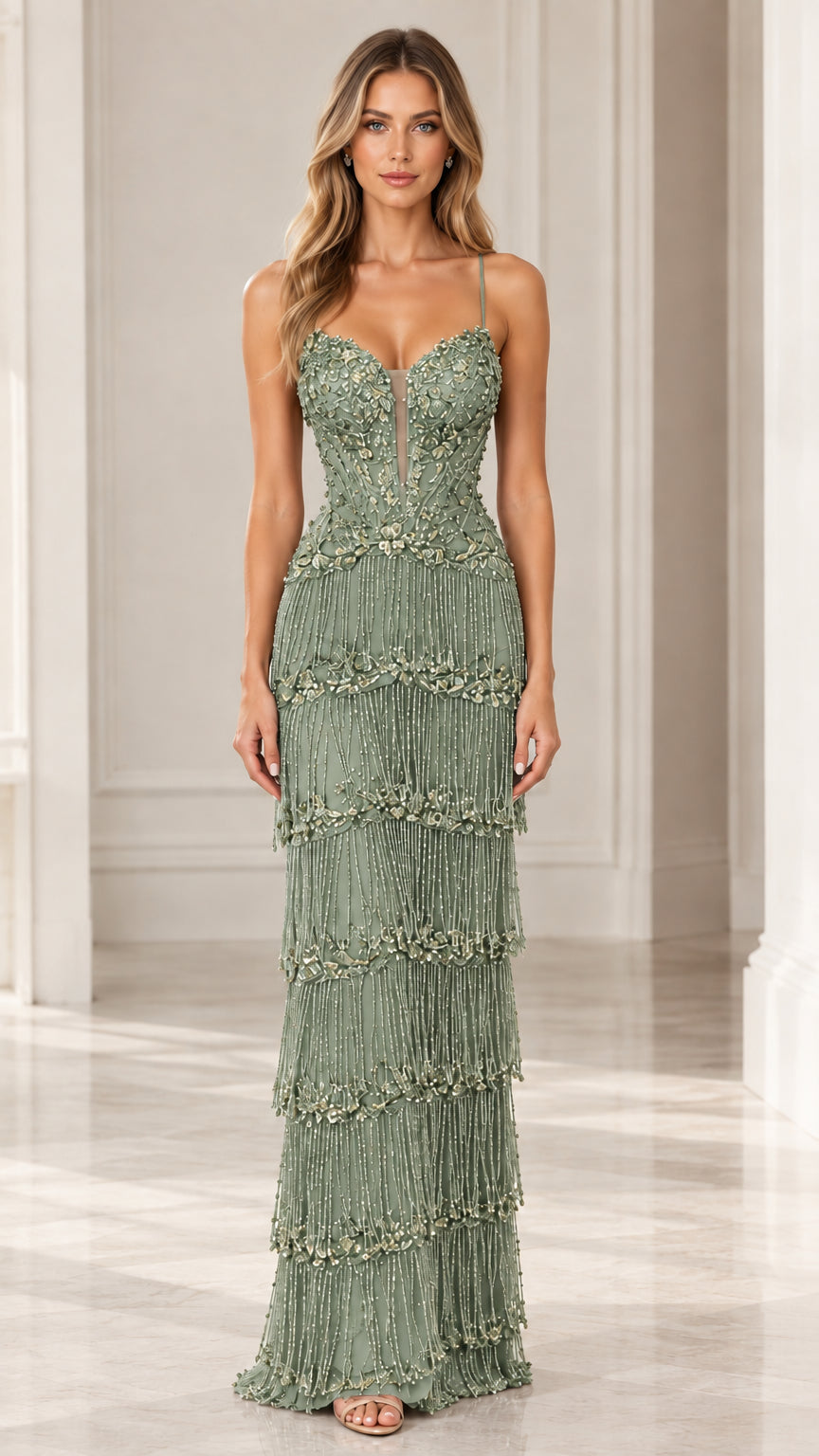 Front full-length view of woman wearing Sage Green tiered fringe embellished evening maxi gown