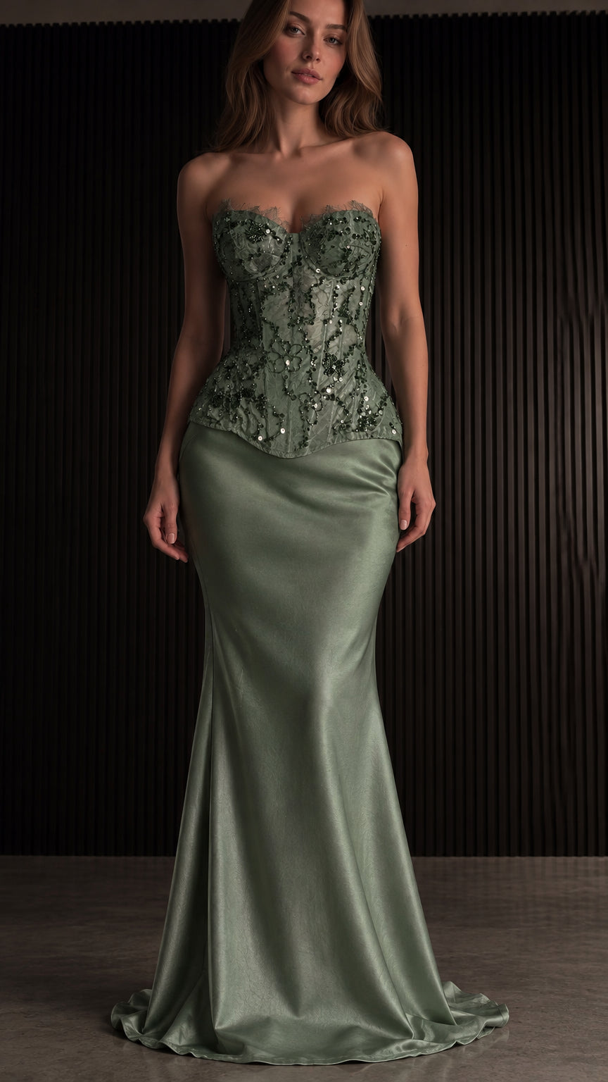 Full-length view of sage green embellished corset bustier and satin maxi skirt set