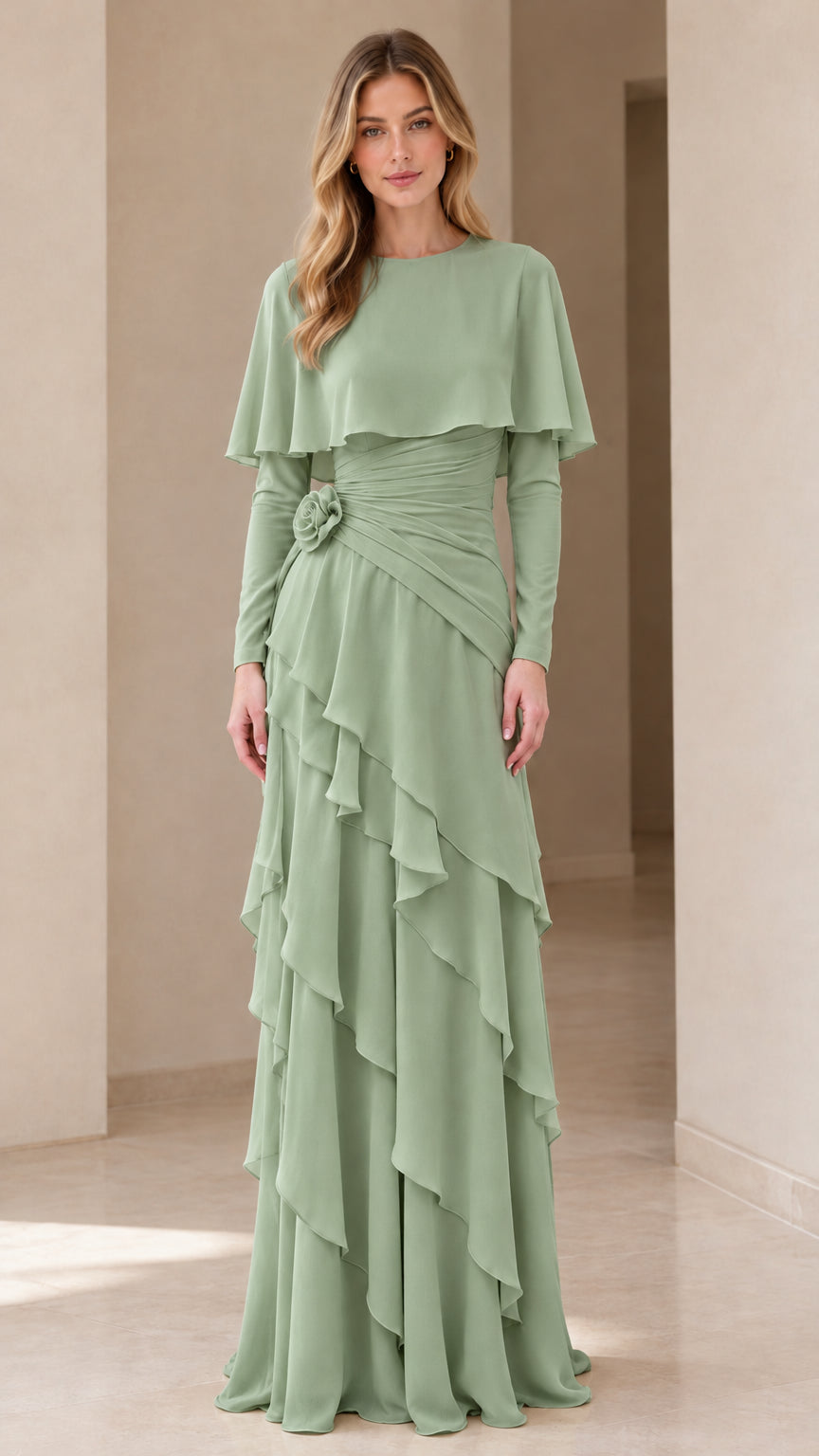 Full-length front view of the long sleeve tiered formal gown in sage green