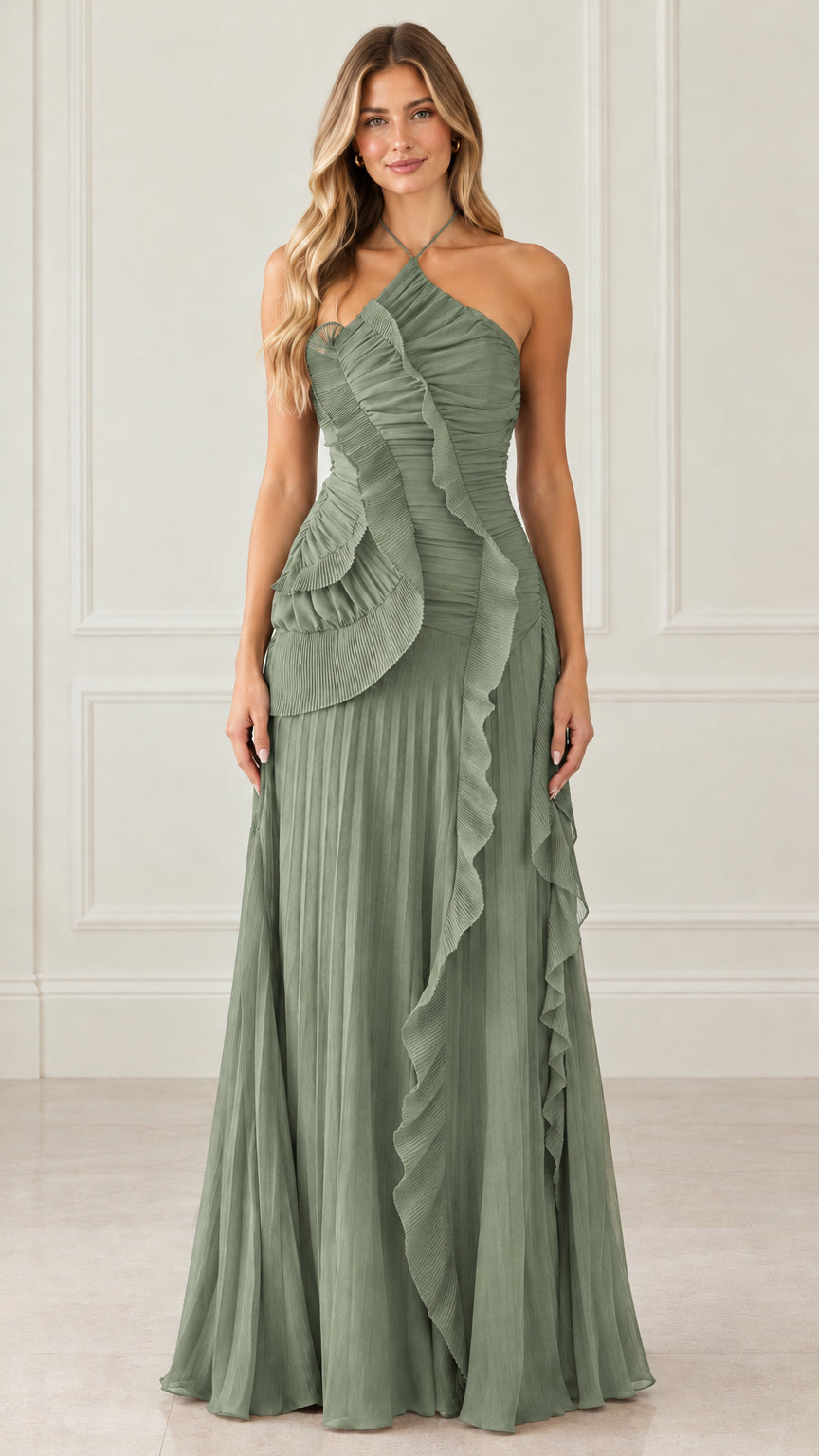Front view of sage green halter neck tiered ruffle pleated maxi dress