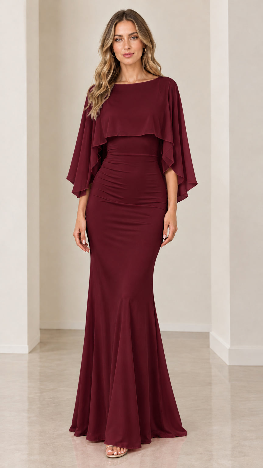 Burgundy wine red capelet mermaid maxi evening dress front view