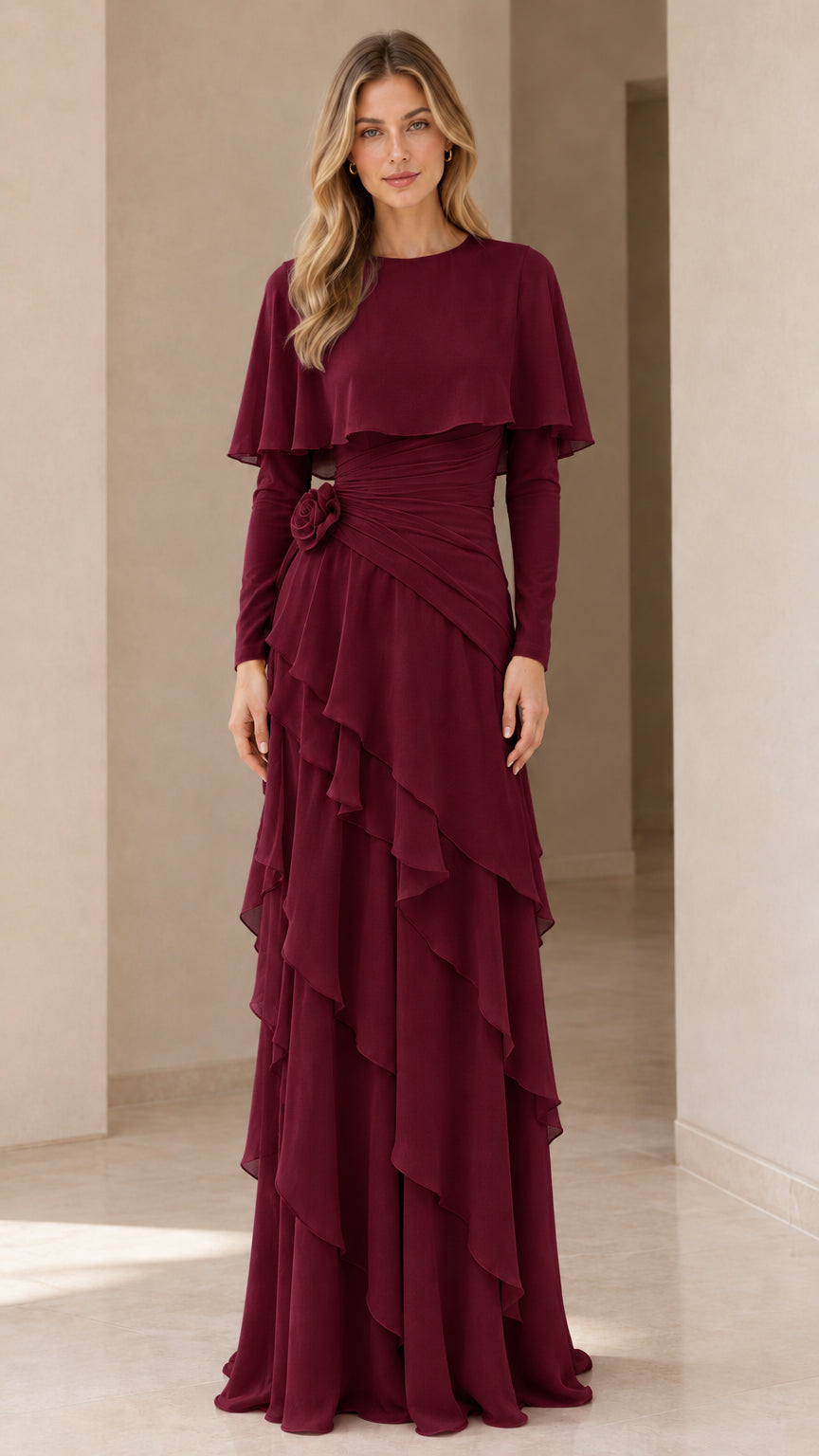 Full-length front view of the capelet ruffle maxi evening dress in burgundy