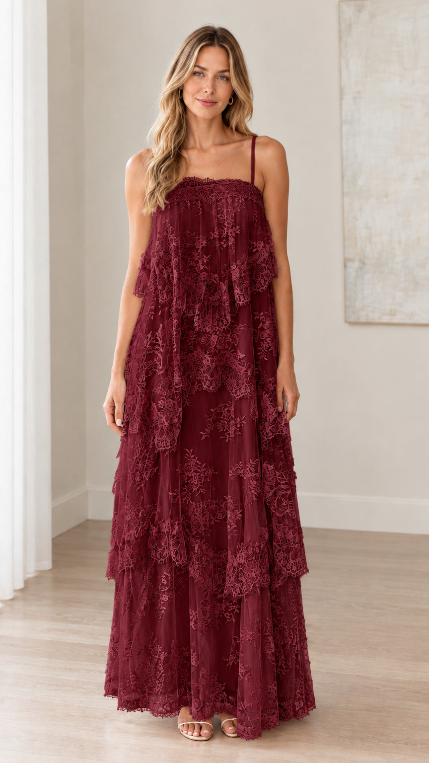 Front full-length view of woman wearing burgundy wine tiered floral lace maxi dress