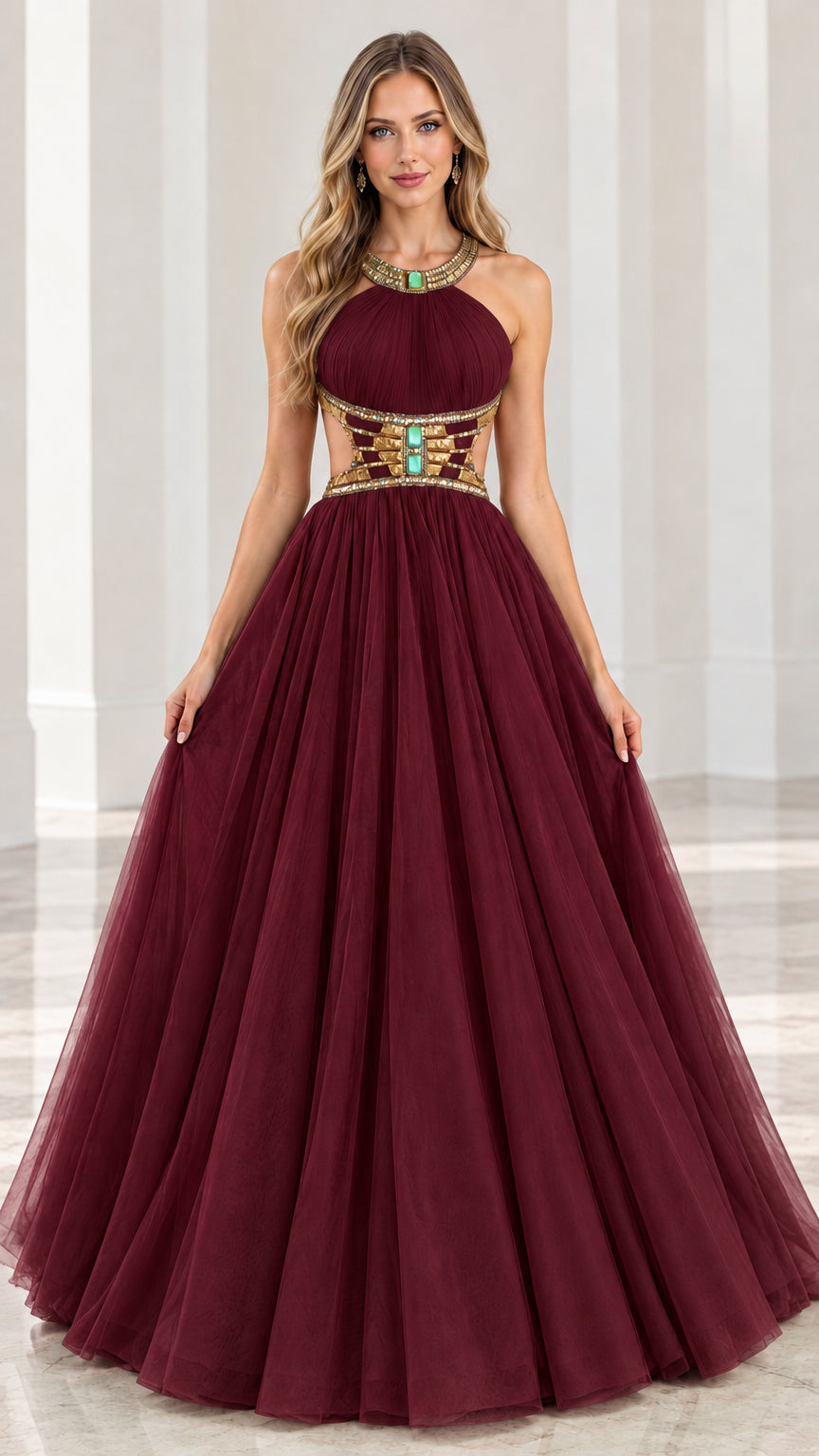 Front view of burgundy wine red halter neck jeweled waist evening ball gown