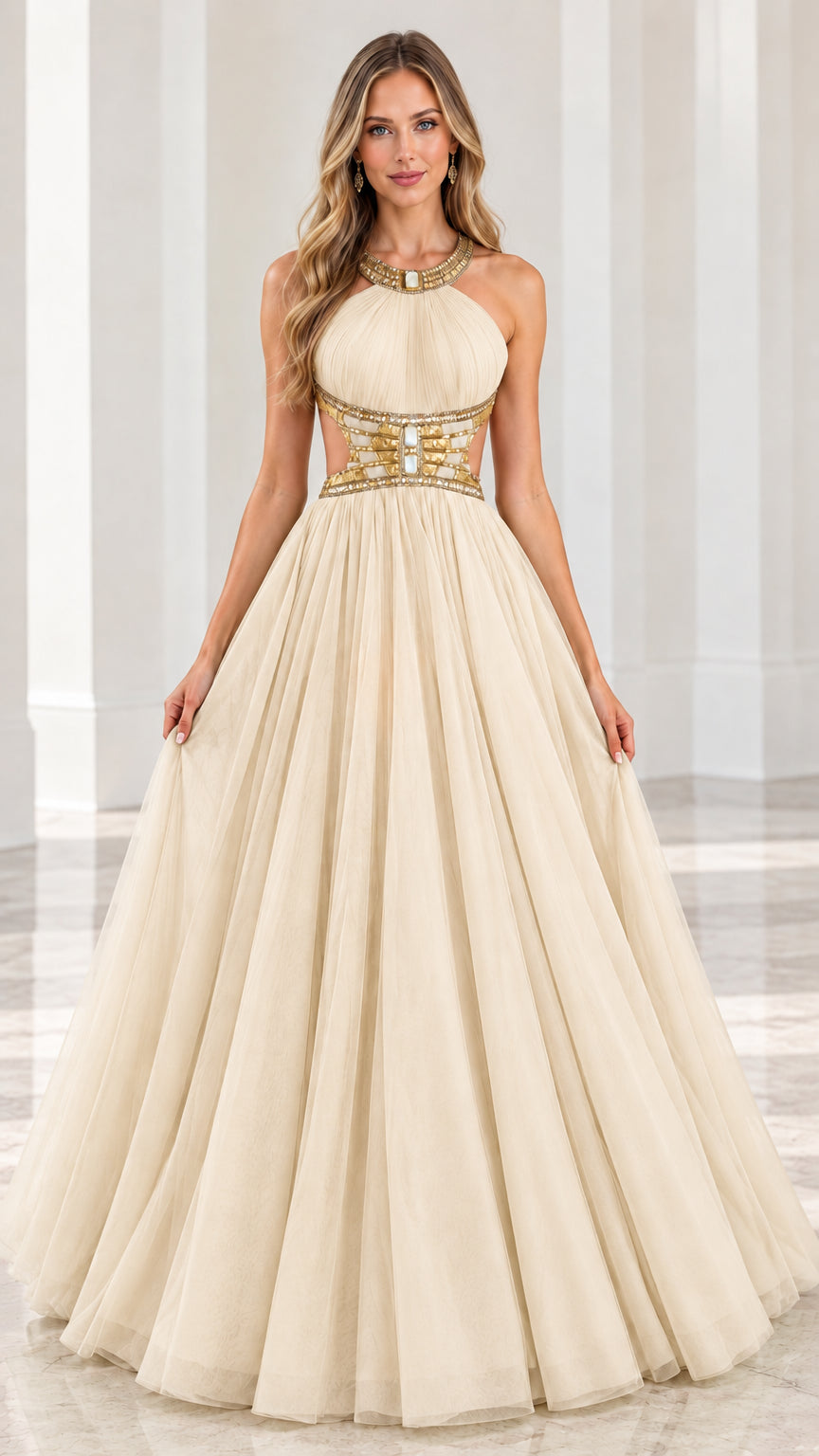 Front view of champagne cream halter neck jeweled A-line tulle gown