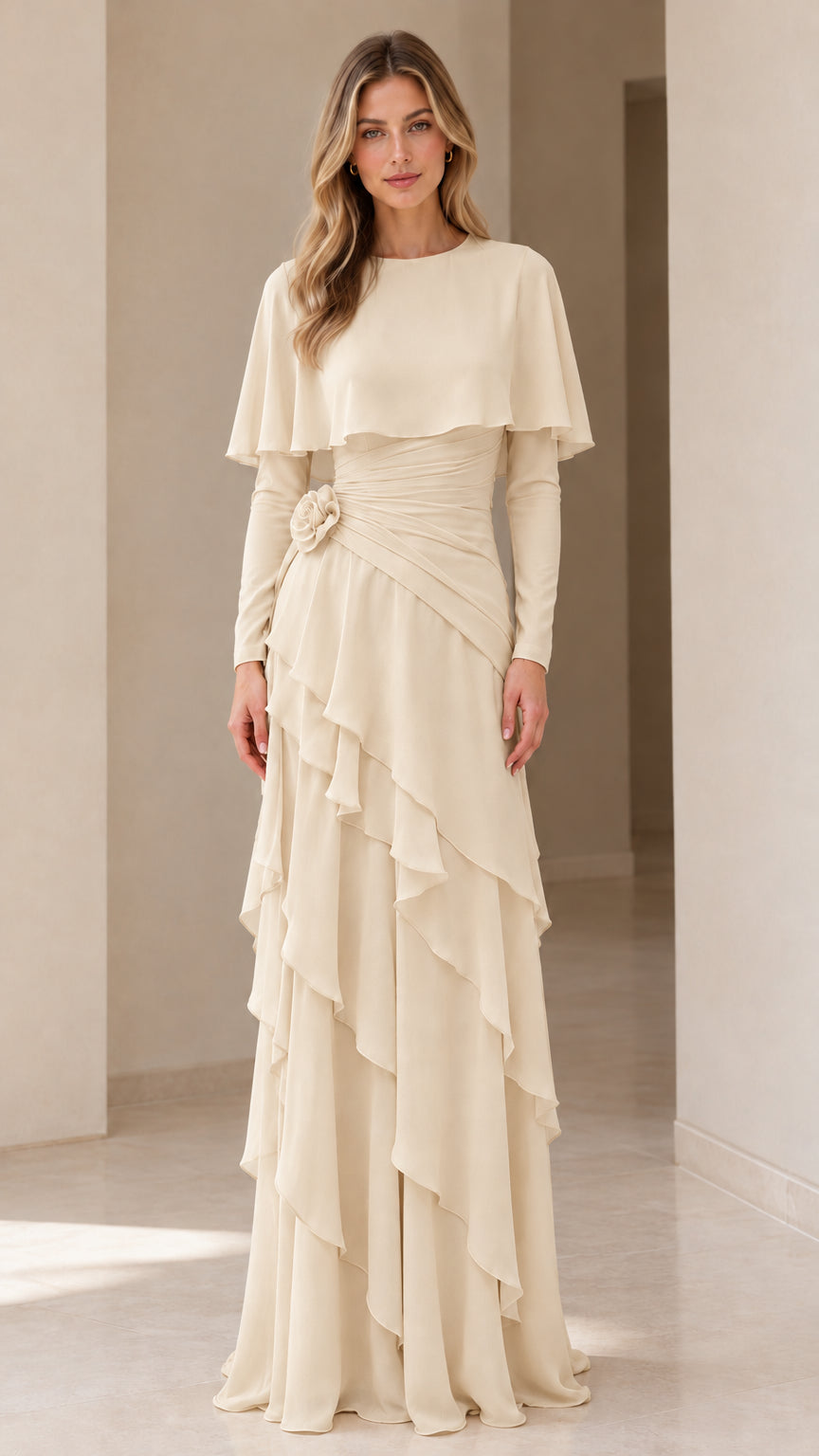 Full-length front view of the tiered rosette capelet formal dress in champagne