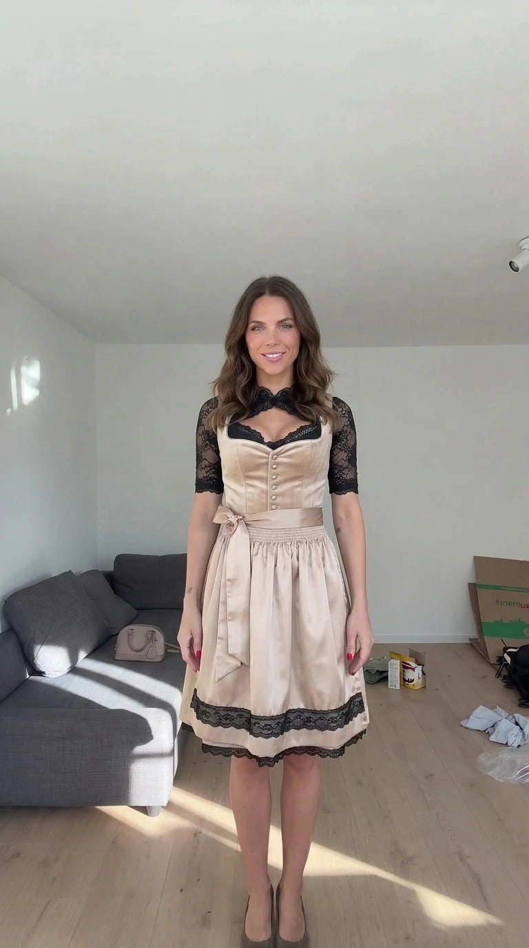 Front view of model wearing Champagne beige velvet dirndl dress with black lace blouse