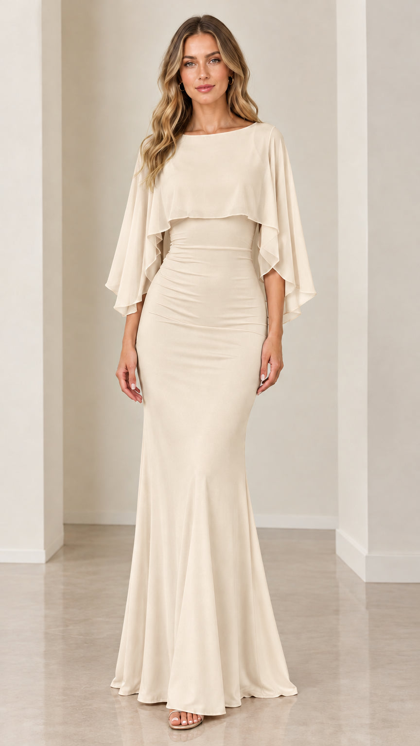 Champagne beige chiffon capelet floor-length mermaid gown front view