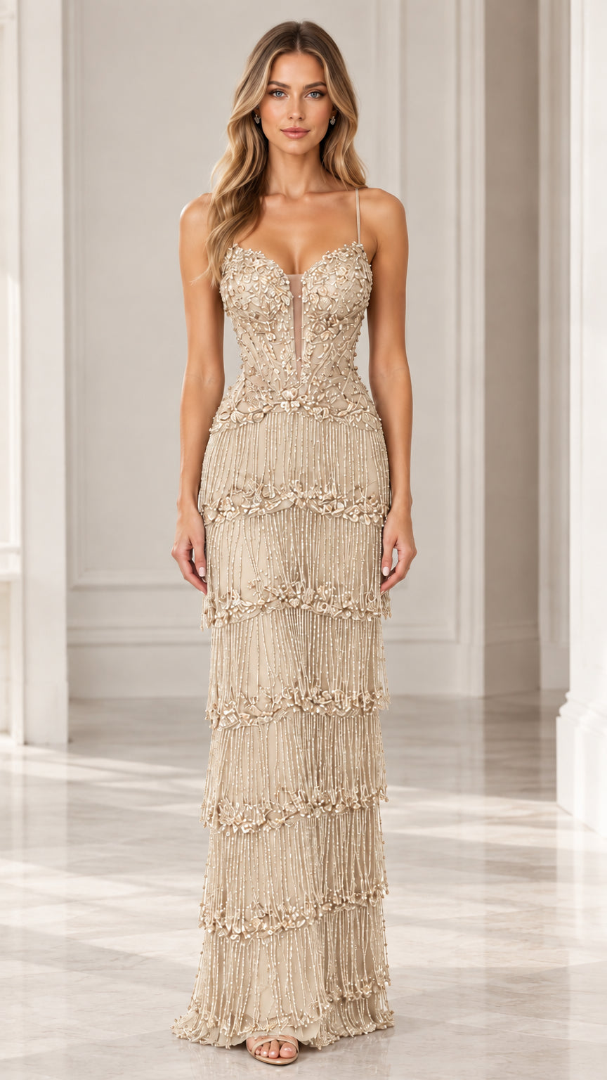 Front full-length view of woman wearing Champagne gold tiered fringe embellished evening maxi gown