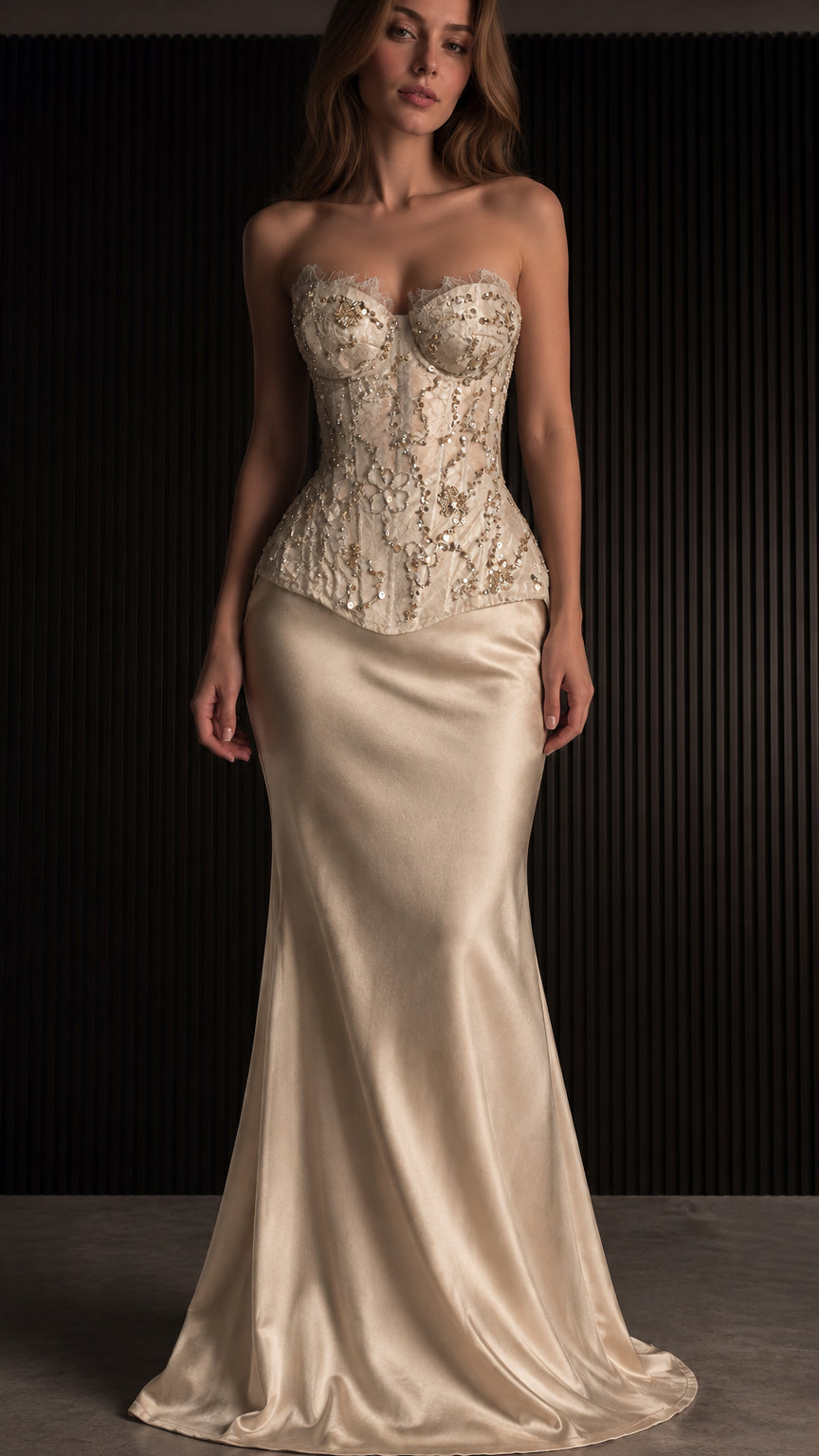 Full-length view of champagne ivory strapless corset and satin maxi skirt set
